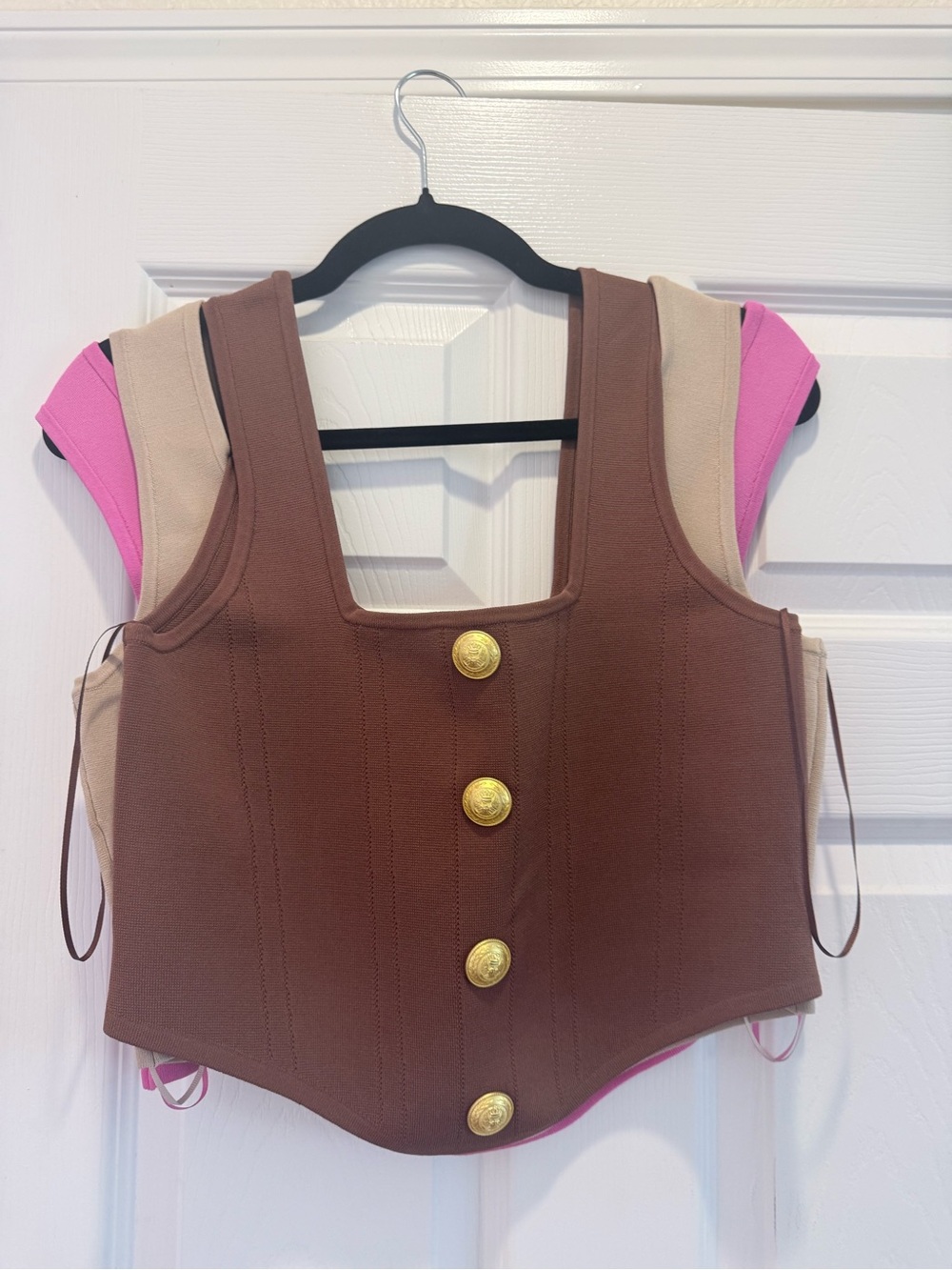 L'AGENCE Brown Crop Top with Gold Buttons
